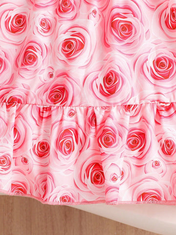 Young Girl Summer Vacation Rose Print Sleeveless Princess Dress