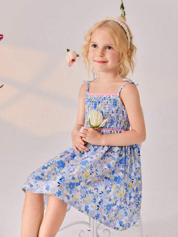 Young Girl Summer Vacation Style Floral Print Strappy Dress