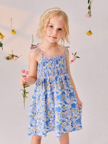 Young Girl Summer Vacation Style Floral Print Strappy Dress