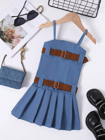 Young Girl Summer Vintage Dress With Spaghetti Straps, Gathered Waist, Pleated Dress And Removable Belt