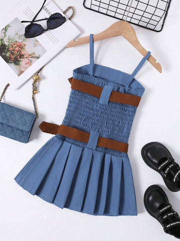 Young Girl Summer Vintage Dress With Spaghetti Straps, Gathered Waist, Pleated Dress And Removable Belt