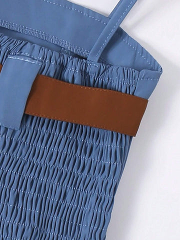 Young Girl Summer Vintage Dress With Spaghetti Straps, Gathered Waist, Pleated Dress And Removable Belt