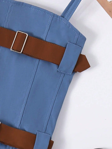 Young Girl Summer Vintage Dress With Spaghetti Straps, Gathered Waist, Pleated Dress And Removable Belt