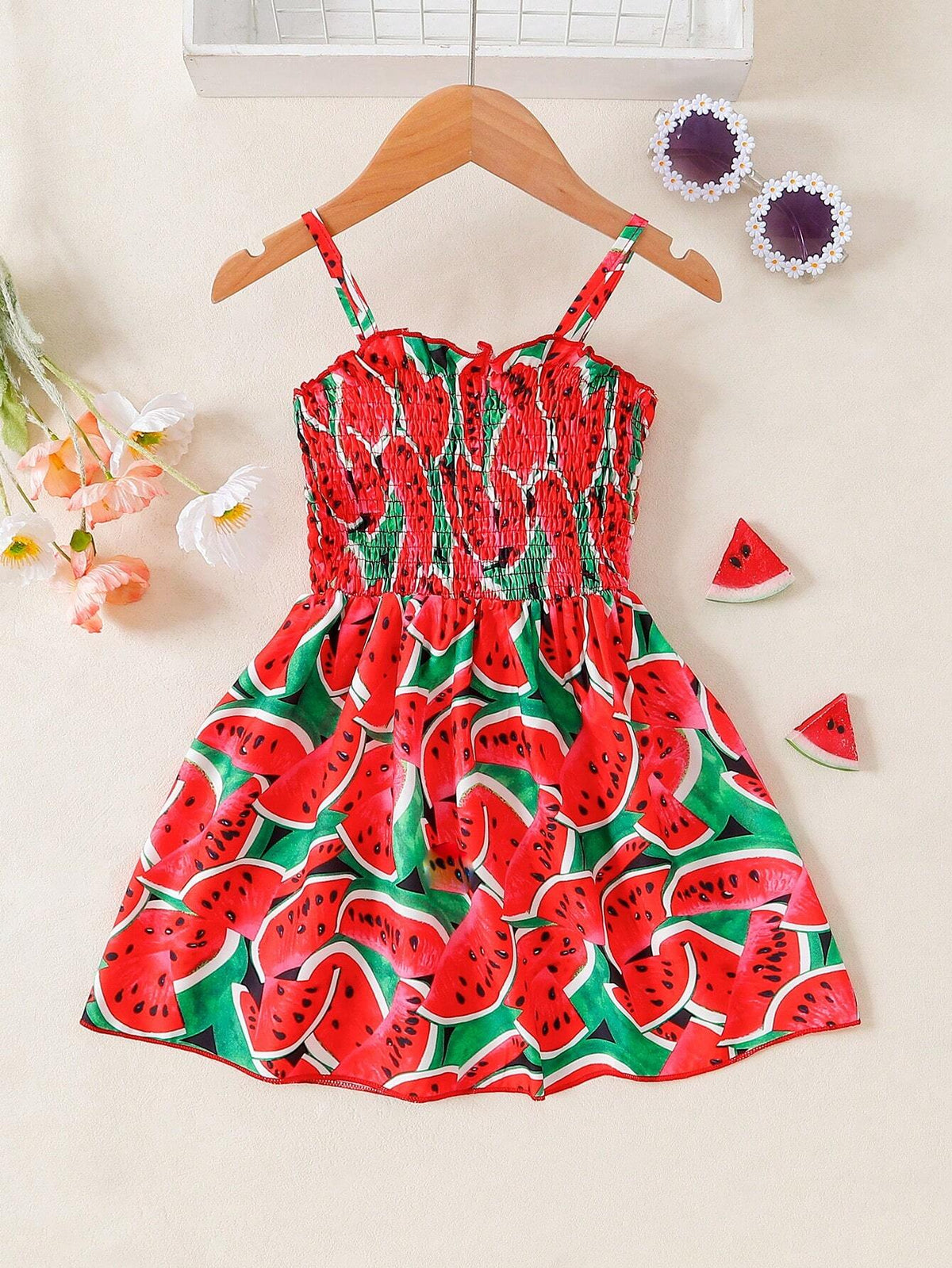 Young Girl Summer Watermelon Patterned Spaghetti Strap Dress, Perfect For Outdoor Play And Looks Cute