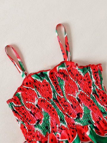 Young Girl Summer Watermelon Patterned Spaghetti Strap Dress, Perfect For Outdoor Play And Looks Cute