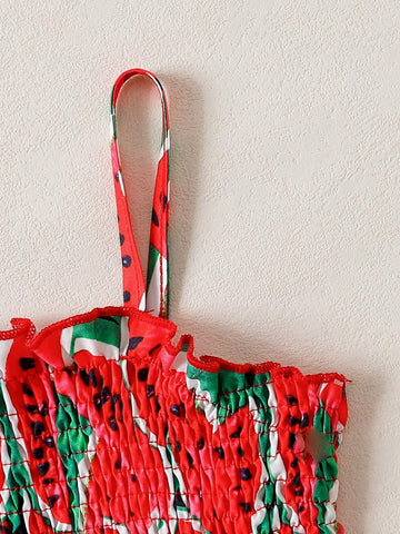 Young Girl Summer Watermelon Patterned Spaghetti Strap Dress, Perfect For Outdoor Play And Looks Cute
