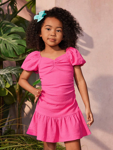 Young Girl Summer Woven Solid Color Diamond Neck Short Holiday Dress