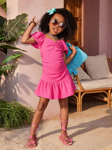 Young Girl Summer Woven Solid Color Diamond Neck Short Holiday Dress