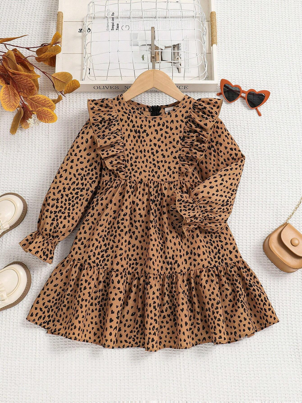 Young Girl Summer / Fall Allover Print Ruffle Trim Flounce Sleeve Dress,Great For Casual & Daily Wear