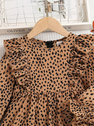 Young Girl Summer / Fall Allover Print Ruffle Trim Flounce Sleeve Dress,Great For Casual & Daily Wear
