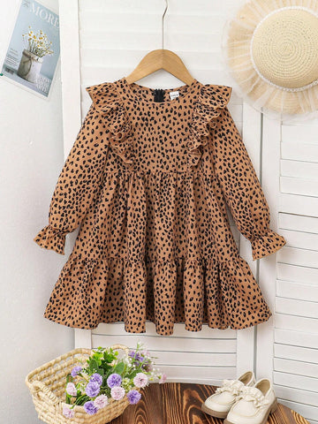 Young Girl Summer / Fall Allover Print Ruffle Trim Flounce Sleeve Dress,Great For Casual & Daily Wear
