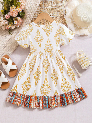 Young Girl Summery Dress, Charming & Graceful Children Outdoor Mid-Length Dress