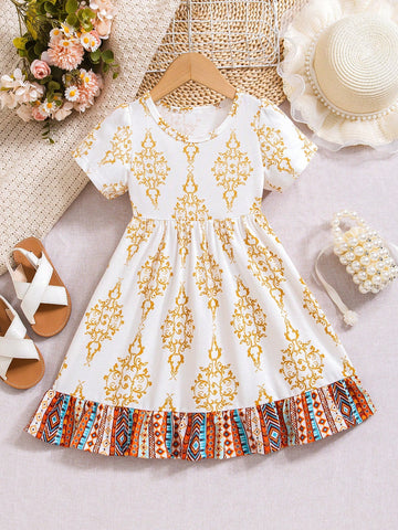 Young Girl Summery Dress, Charming & Graceful Children Outdoor Mid-Length Dress