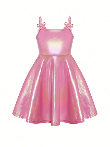 Young Girl Sweet And Adorable Ombre Pink Butterfly Puff Sleeve Dress With Mesh Patchwork