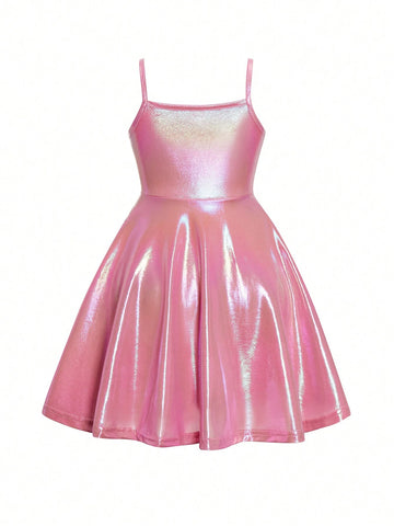 Young Girl Sweet And Adorable Ombre Pink Butterfly Puff Sleeve Dress With Mesh Patchwork
