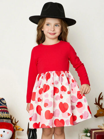 Young Girl Sweet And Cool Heart Pattern Knitted Solid Color Patchwork Woven Dress For Daily Wear,Back To School Outfit