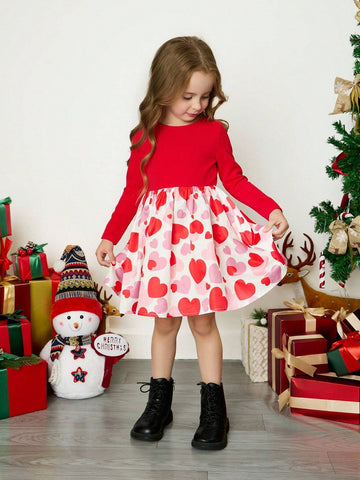 Young Girl Sweet And Cool Heart Pattern Knitted Solid Color Patchwork Woven Dress For Daily Wear,Back To School Outfit