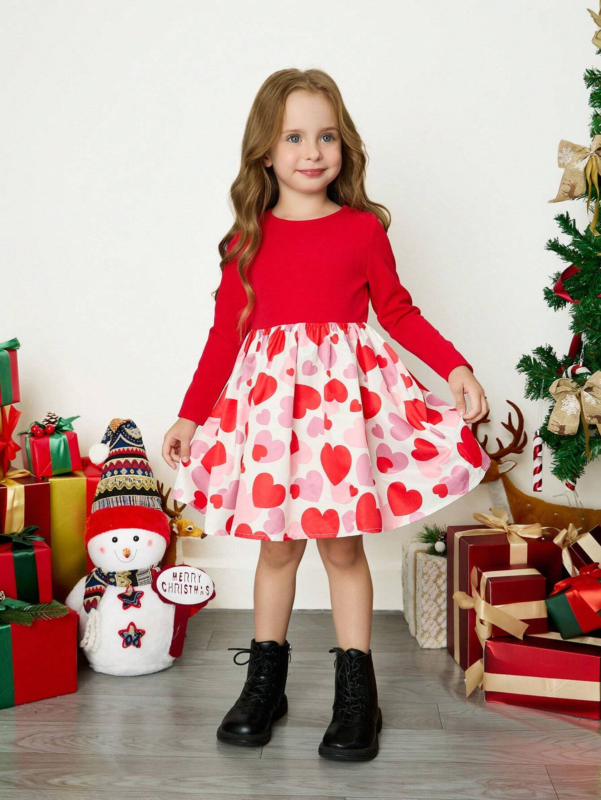 Young Girl Sweet And Cool Heart Pattern Knitted Solid Color Patchwork Woven Dress For Daily Wear,Back To School Outfit