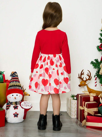 Young Girl Sweet And Cool Heart Pattern Knitted Solid Color Patchwork Woven Dress For Daily Wear,Back To School Outfit