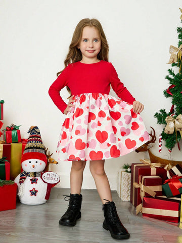 Young Girl Sweet And Cool Heart Pattern Knitted Solid Color Patchwork Woven Dress For Daily Wear,Back To School Outfit