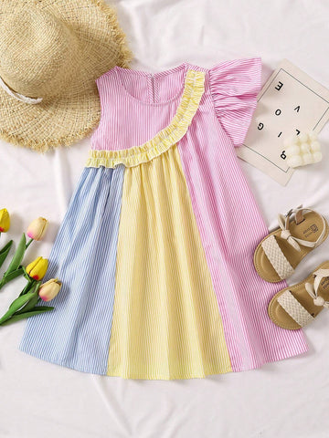 Young Girl Sweet And Cute Colorblock Striped Ruffle Trim Dress