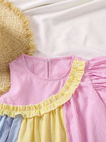 Young Girl Sweet And Cute Colorblock Striped Ruffle Trim Dress