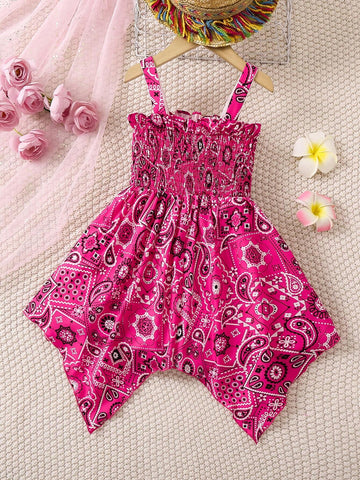 Young Girl Sweet And Cute Peplum Print Asymmetric Hem Corset Strap Dress