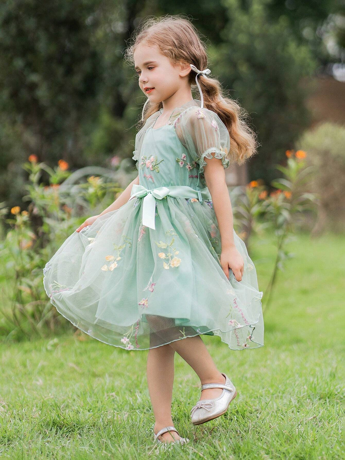 Young Girl Sweet And Lovely Gradient Pink Butterfly Puff Sleeve Mesh Patchwork Dress