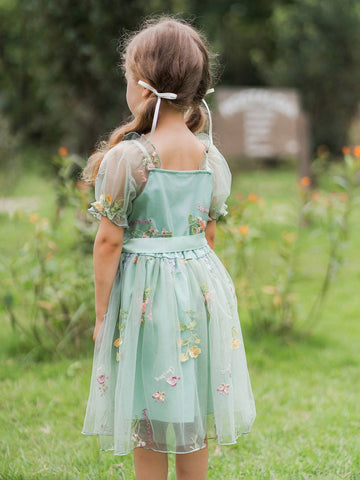 Young Girl Sweet And Lovely Gradient Pink Butterfly Puff Sleeve Mesh Patchwork Dress