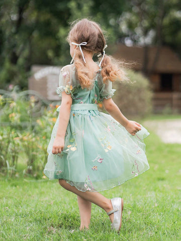 Young Girl Sweet And Lovely Gradient Pink Butterfly Puff Sleeve Mesh Patchwork Dress