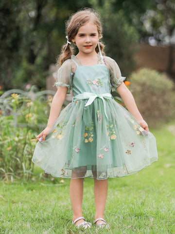 Young Girl Sweet And Lovely Gradient Pink Butterfly Puff Sleeve Mesh Patchwork Dress
