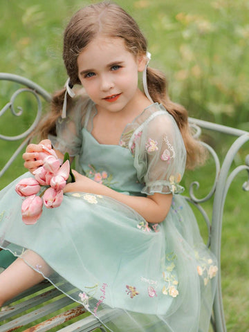 Young Girl Sweet And Lovely Gradient Pink Butterfly Puff Sleeve Mesh Patchwork Dress