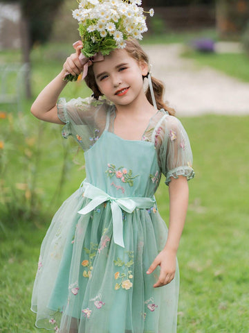 Young Girl Sweet And Lovely Gradient Pink Butterfly Puff Sleeve Mesh Patchwork Dress
