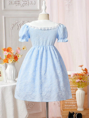Young Girl Sweet And Lovely Gradient Pink Butterfly Puff Sleeve Stitching Mesh Dress