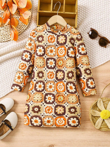 Young Girl Sweet And Lovely Patchwork Trendy And Comfortable Versatile Crochet Knit Tonal 3D Flower Effect Dress, Affordable And Suitable For Spring, Summer, Single Or As Layering Piece In Autumn And Winterv