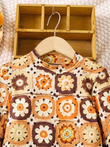 Young Girl Sweet And Lovely Patchwork Trendy And Comfortable Versatile Crochet Knit Tonal 3D Flower Effect Dress, Affordable And Suitable For Spring, Summer, Single Or As Layering Piece In Autumn And Winterv