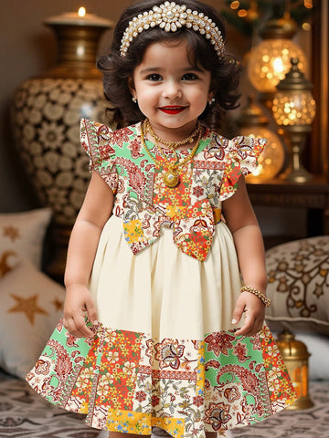 Young Girl Sweet Bow Accent, Adorable Vacation-Style Print, Colorblock Design, Fashionable Long Sleeve Dress, Suitable For Autumn/Winter