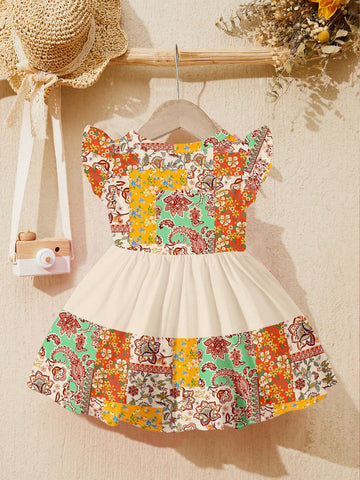 Young Girl Sweet Bow Accent, Adorable Vacation-Style Print, Colorblock Design, Fashionable Long Sleeve Dress, Suitable For Autumn/Winter