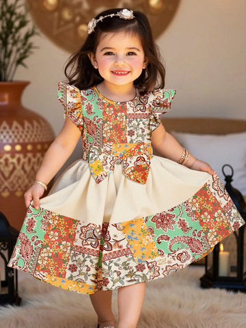 Young Girl Sweet Bow Accent, Adorable Vacation-Style Print, Colorblock Design, Fashionable Long Sleeve Dress, Suitable For Autumn/Winter