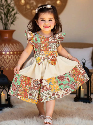 Young Girl Sweet Bow Accent, Adorable Vacation-Style Print, Colorblock Design, Fashionable Long Sleeve Dress, Suitable For Autumn/Winter