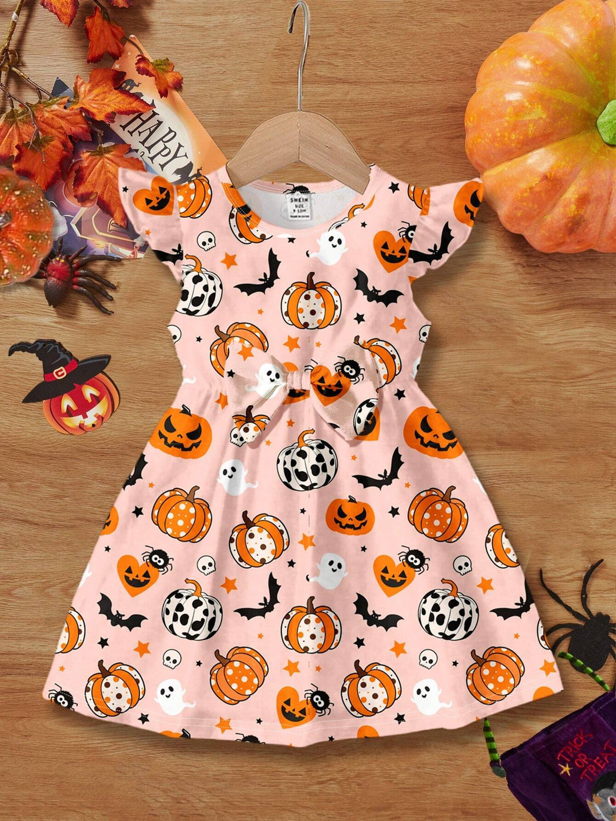 Young Girl Sweet Bow Cartoon Print Fashion Long Sleeve Dress, Suitable For Autumn And Winter Halloween Party