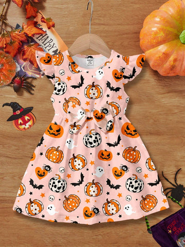 Young Girl Sweet Bow Cartoon Print Fashion Long Sleeve Dress, Suitable For Autumn And Winter Halloween Party