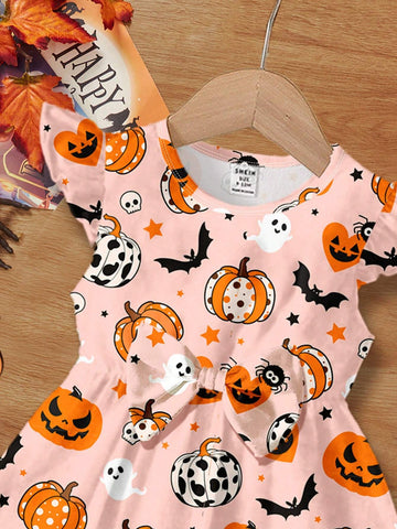 Young Girl Sweet Bow Cartoon Print Fashion Long Sleeve Dress, Suitable For Autumn And Winter Halloween Party