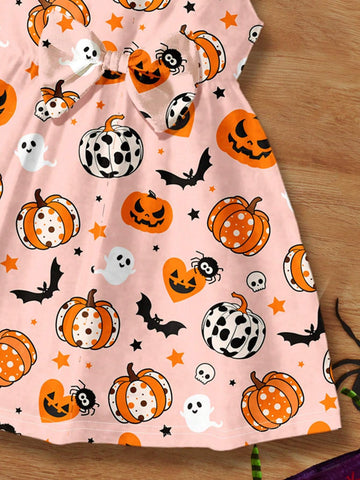 Young Girl Sweet Bow Cartoon Print Fashion Long Sleeve Dress, Suitable For Autumn And Winter Halloween Party