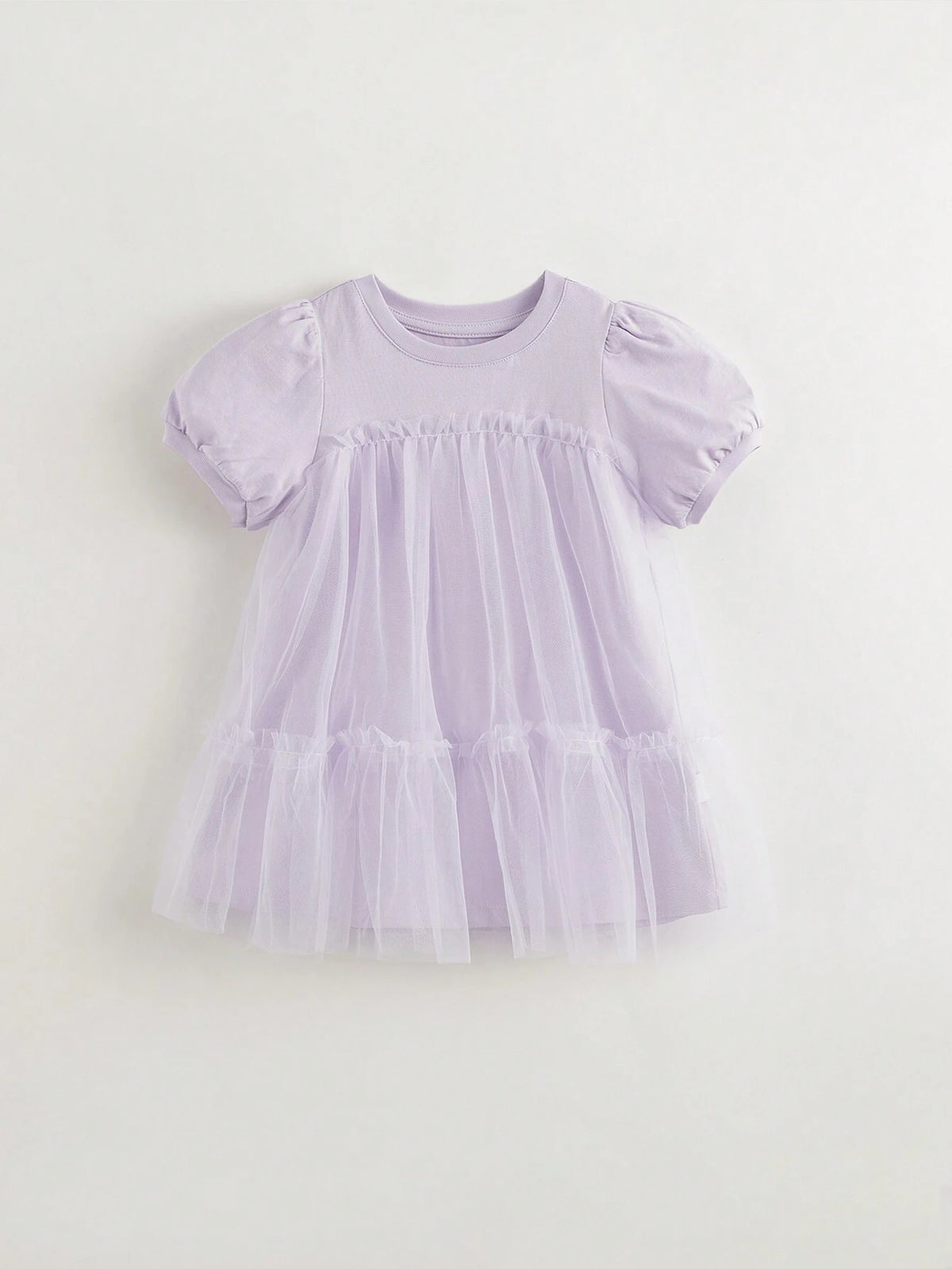 Young Girl Sweet Bubble Sleeve Mesh Patchwork Round Neck Short Sleeve Dress For Summer