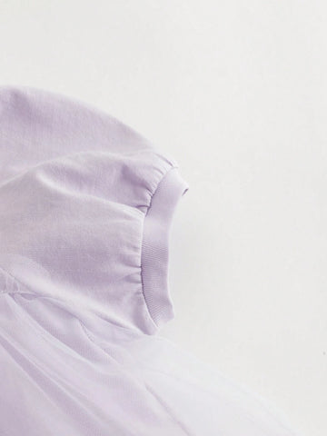 Young Girl Sweet Bubble Sleeve Mesh Patchwork Round Neck Short Sleeve Dress For Summer