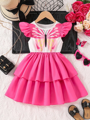 Young Girl Sweet Butterfly Print Crew Neck Cap Sleeve Cake Style Dress, Summer