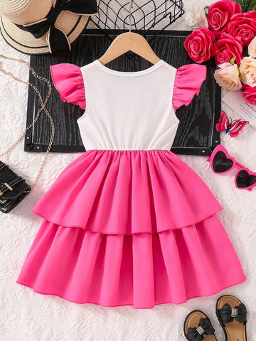 Young Girl Sweet Butterfly Print Crew Neck Cap Sleeve Cake Style Dress, Summer