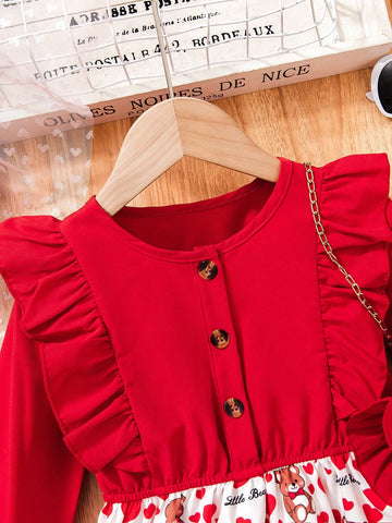 Young Girl' Sweet Cute Red Bear Heart Ruched Hem Dress, Adorable Bear Print Design, Long Sleeve Style Suitable For Spring/Autumn
