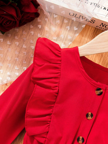 Young Girl' Sweet Cute Red Bear Heart Ruched Hem Dress, Adorable Bear Print Design, Long Sleeve Style Suitable For Spring/Autumn